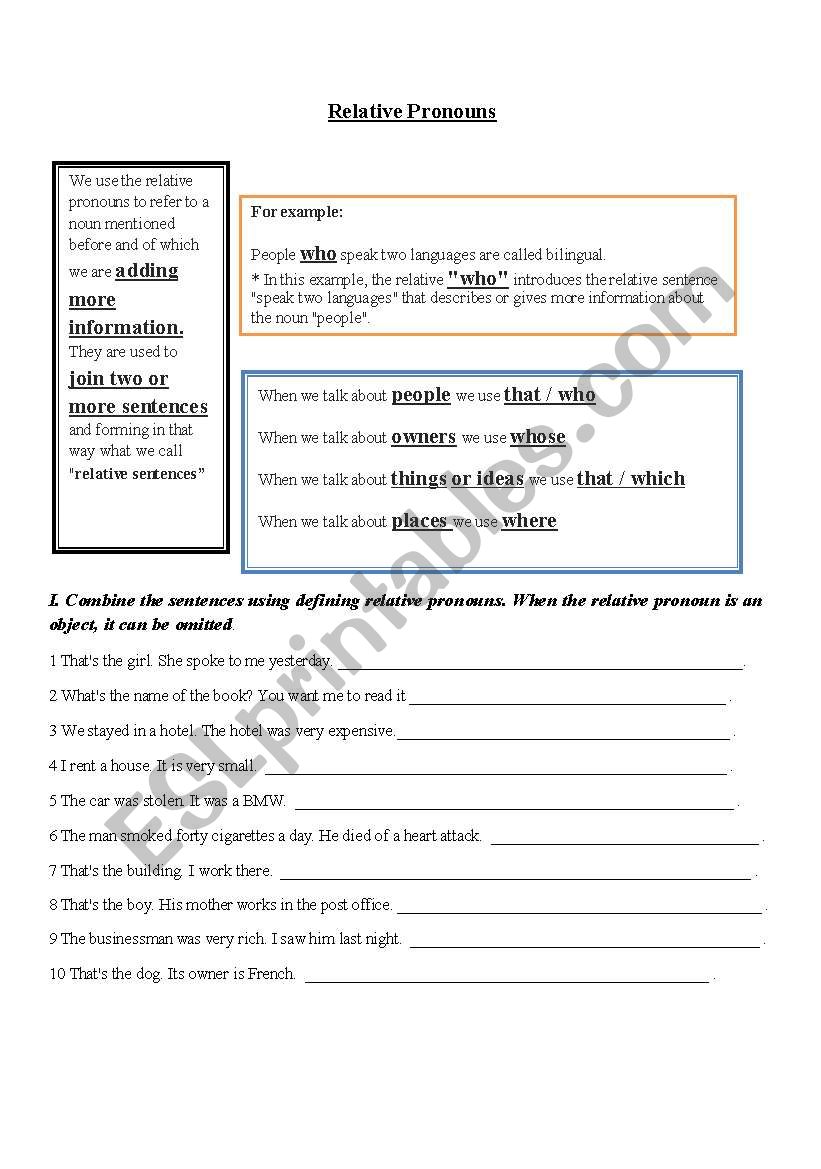 relative pronouns  worksheet