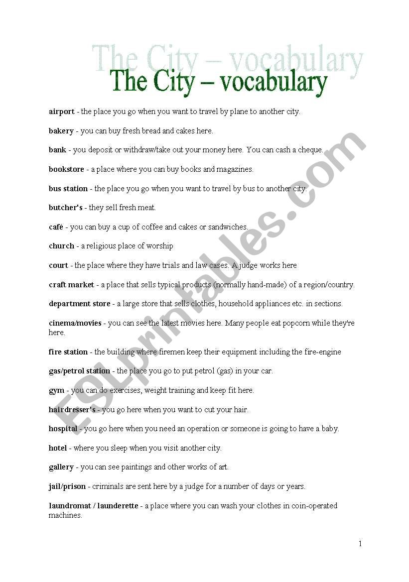 City vocabulary worksheet