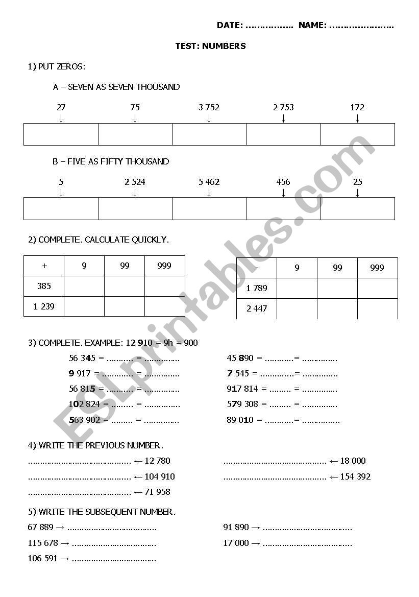 test: numbers worksheet