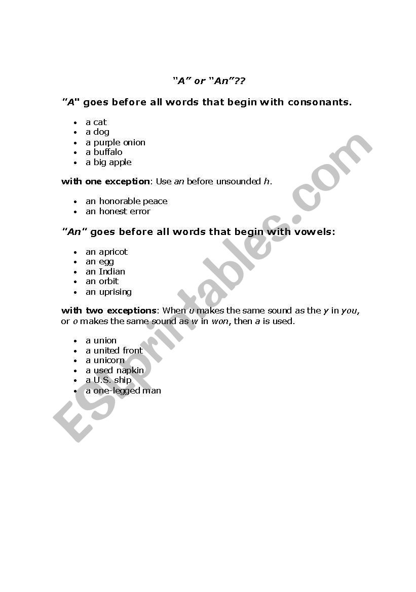 A/AN worksheet worksheet