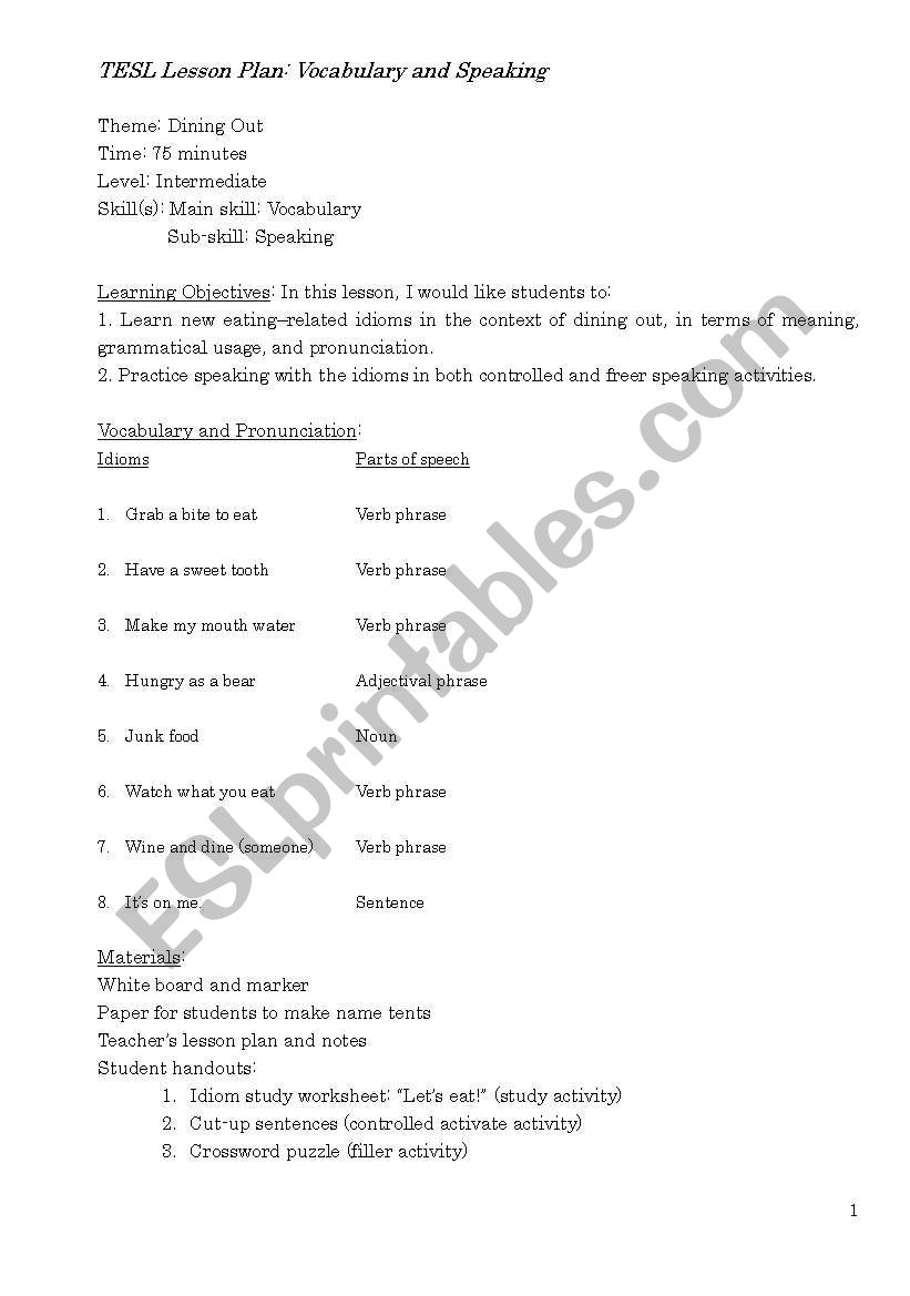 Dining Idioms Lesson Plan worksheet