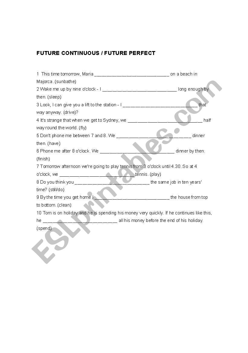 future perfect and continuous worksheet