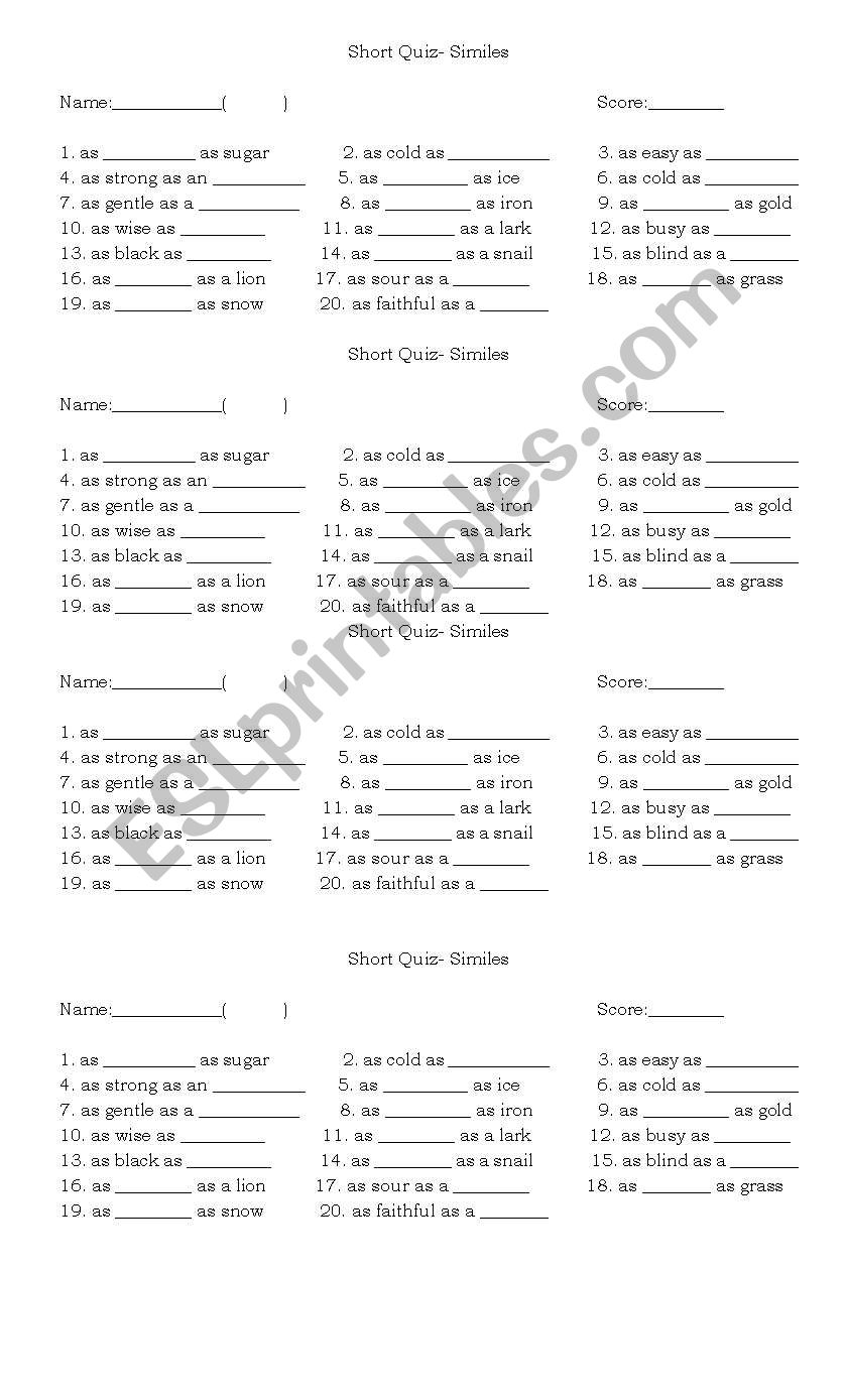 Similies quiz worksheet