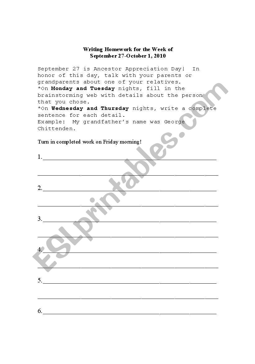 Ancestors Day Homework worksheet