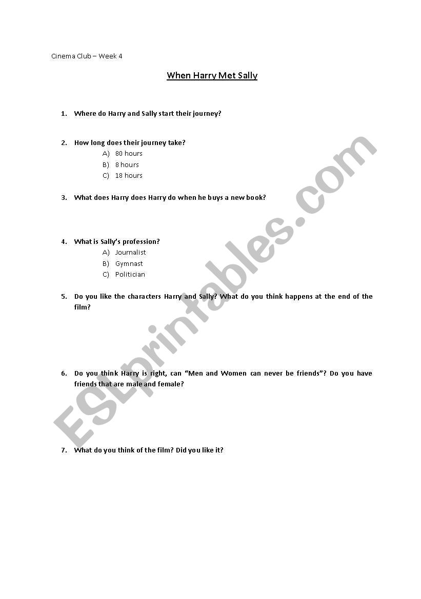 When Harry Met Sally worksheet