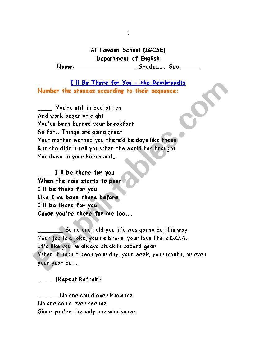 song worksheet - friends worksheet