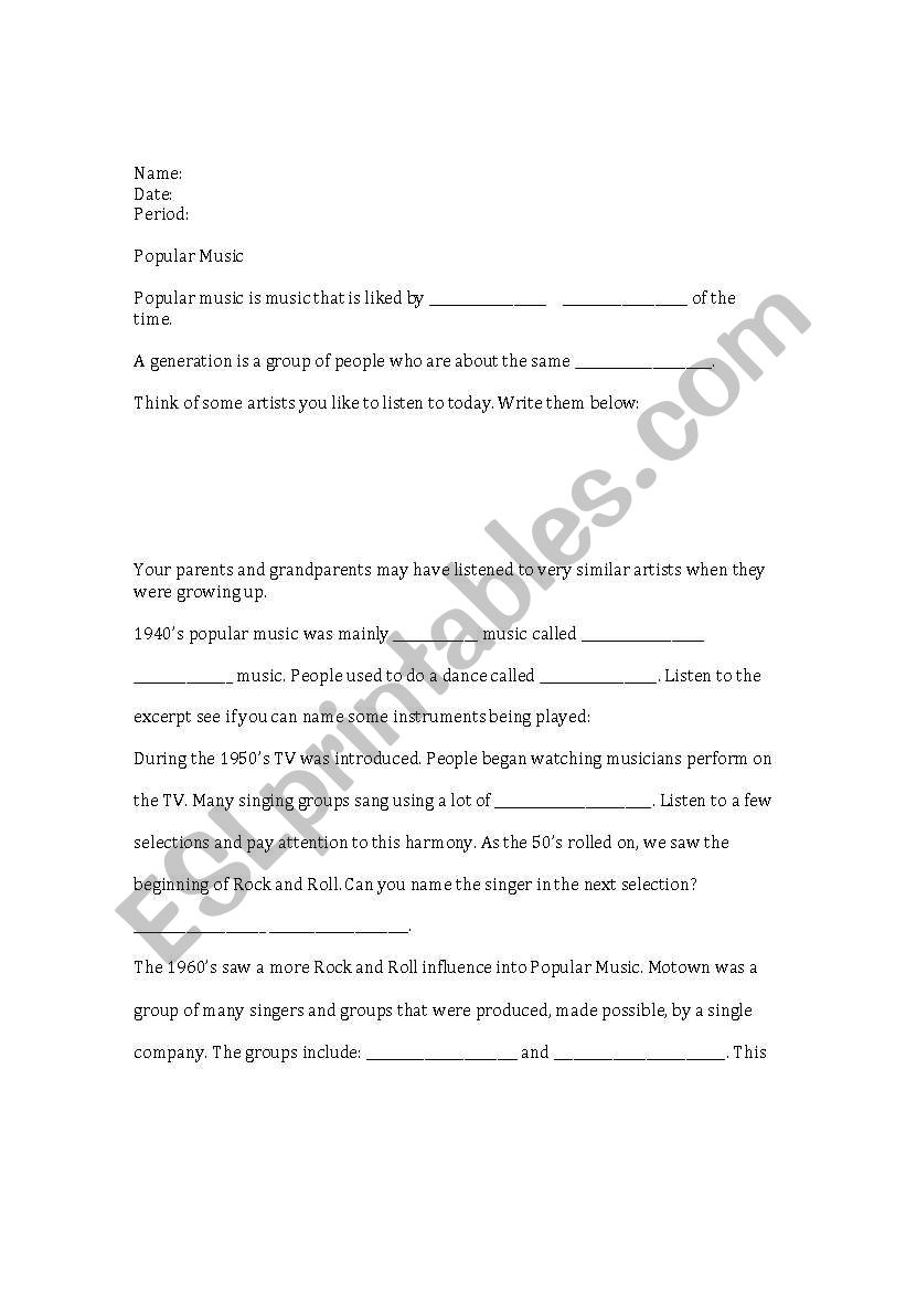 Popular Music worksheet