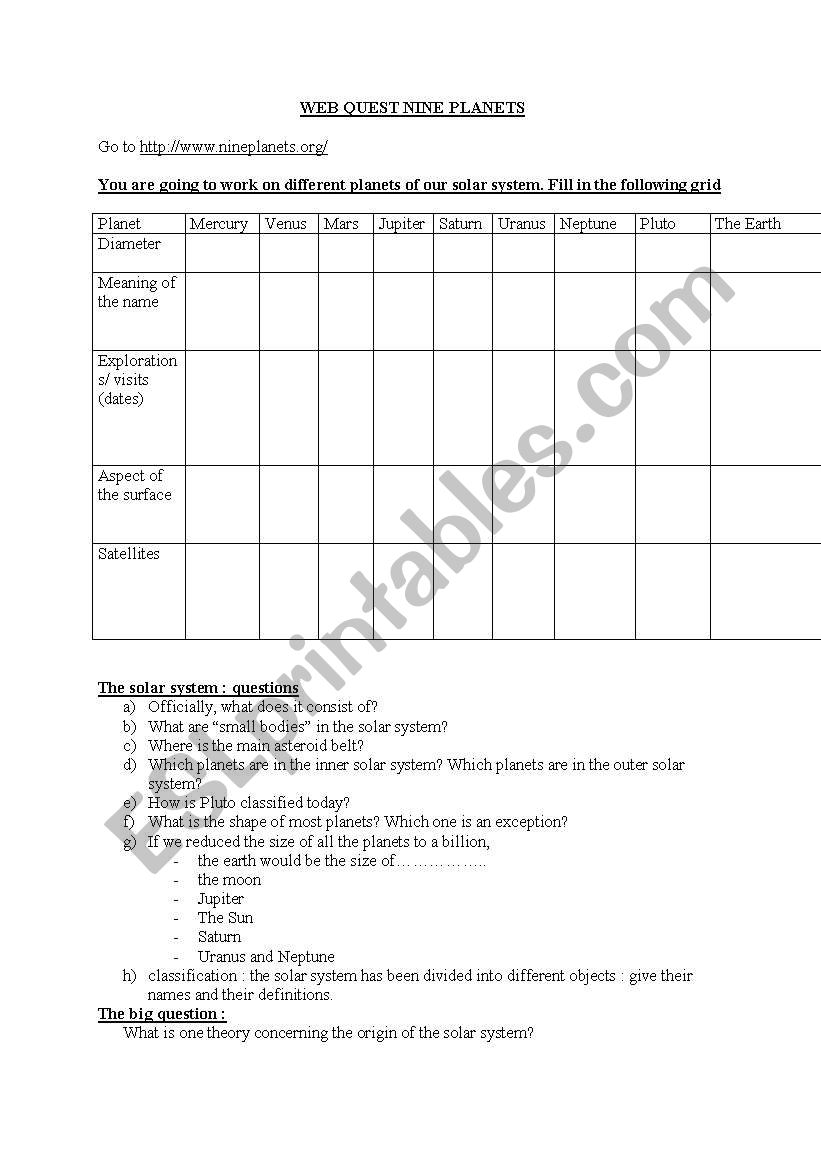 web quest on planets worksheet