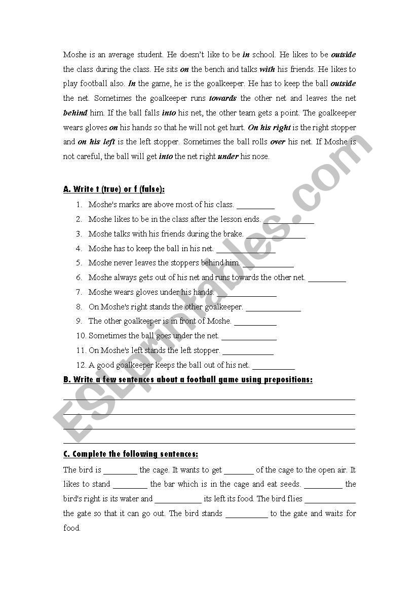 prepositions - football worksheet