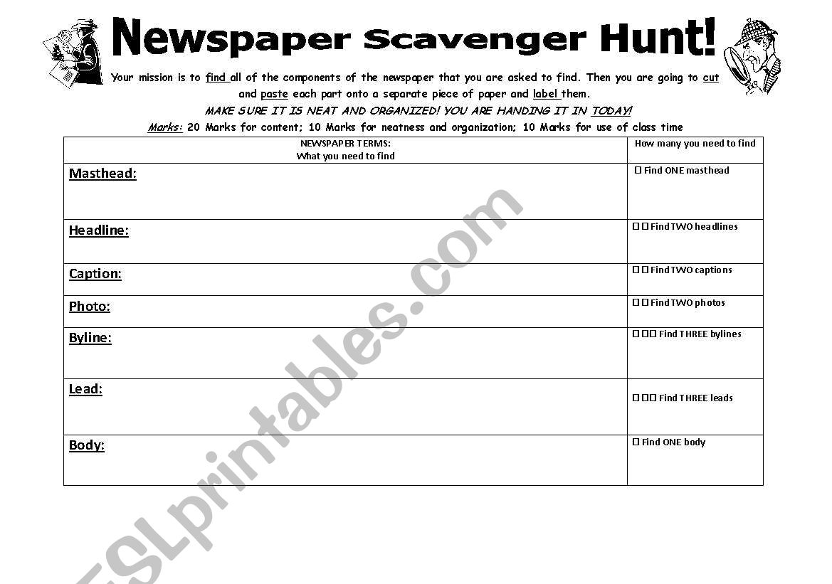 Newspaper Scavenger Hunt worksheet