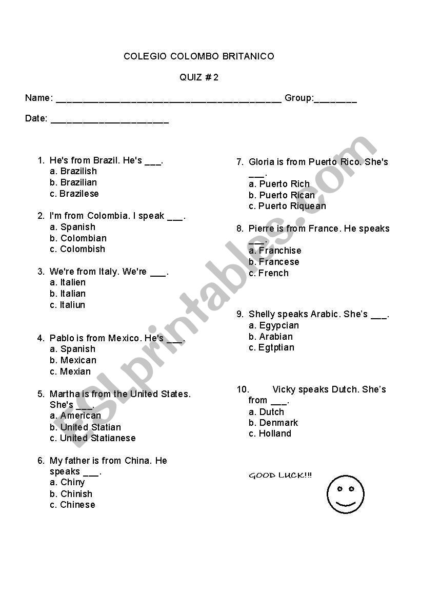 Nationalities worksheet