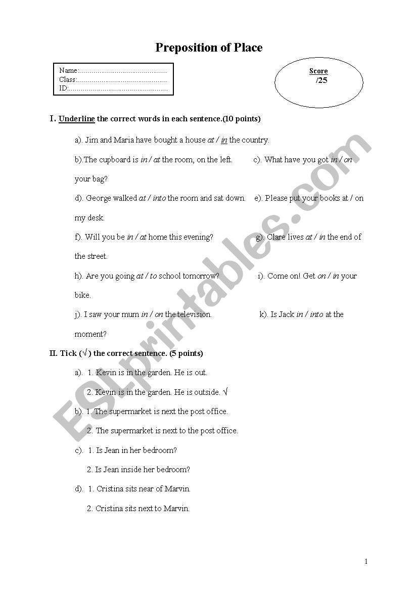 English worksheets: preposition of place