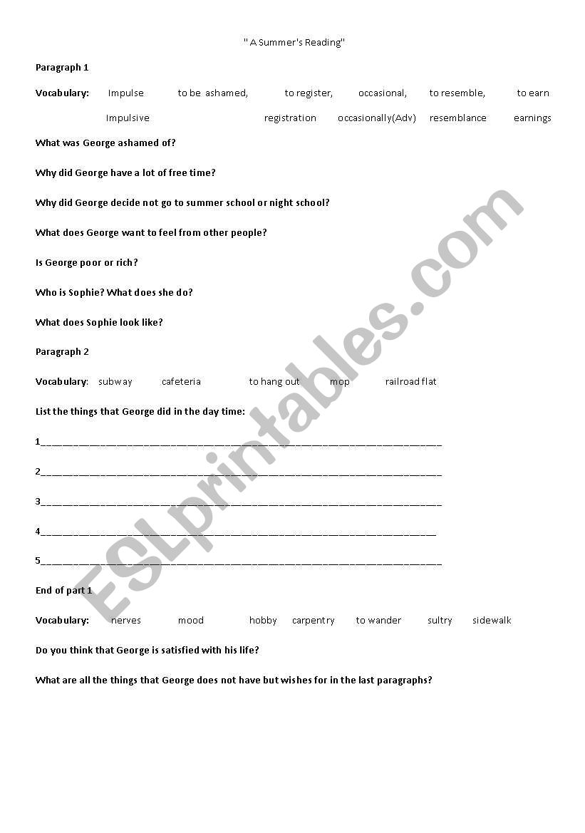 Literature worksheet for A summers reading