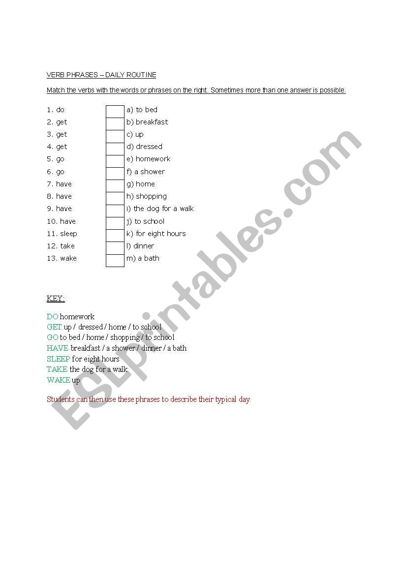 verbs phrases - daily routine worksheet