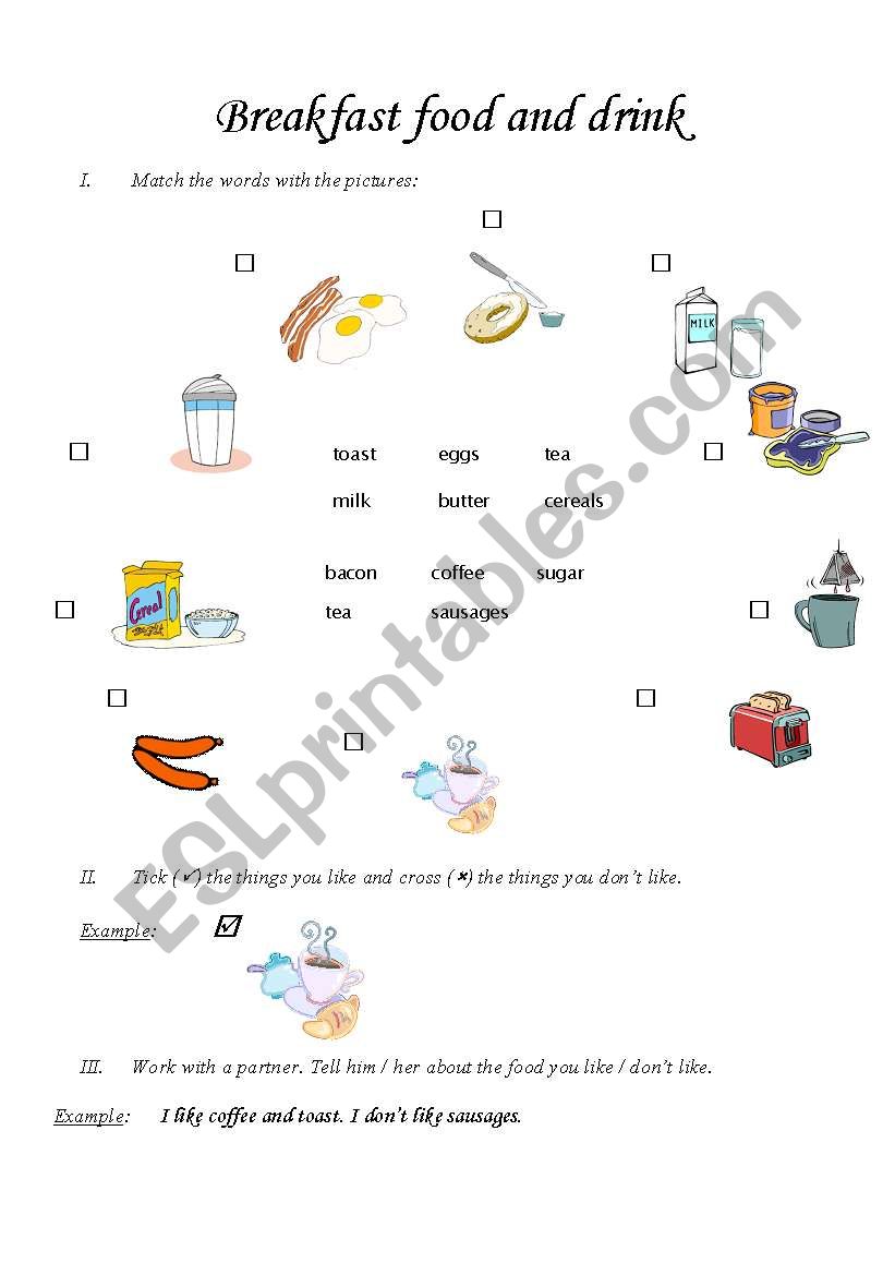 Breakfast food and drink worksheet