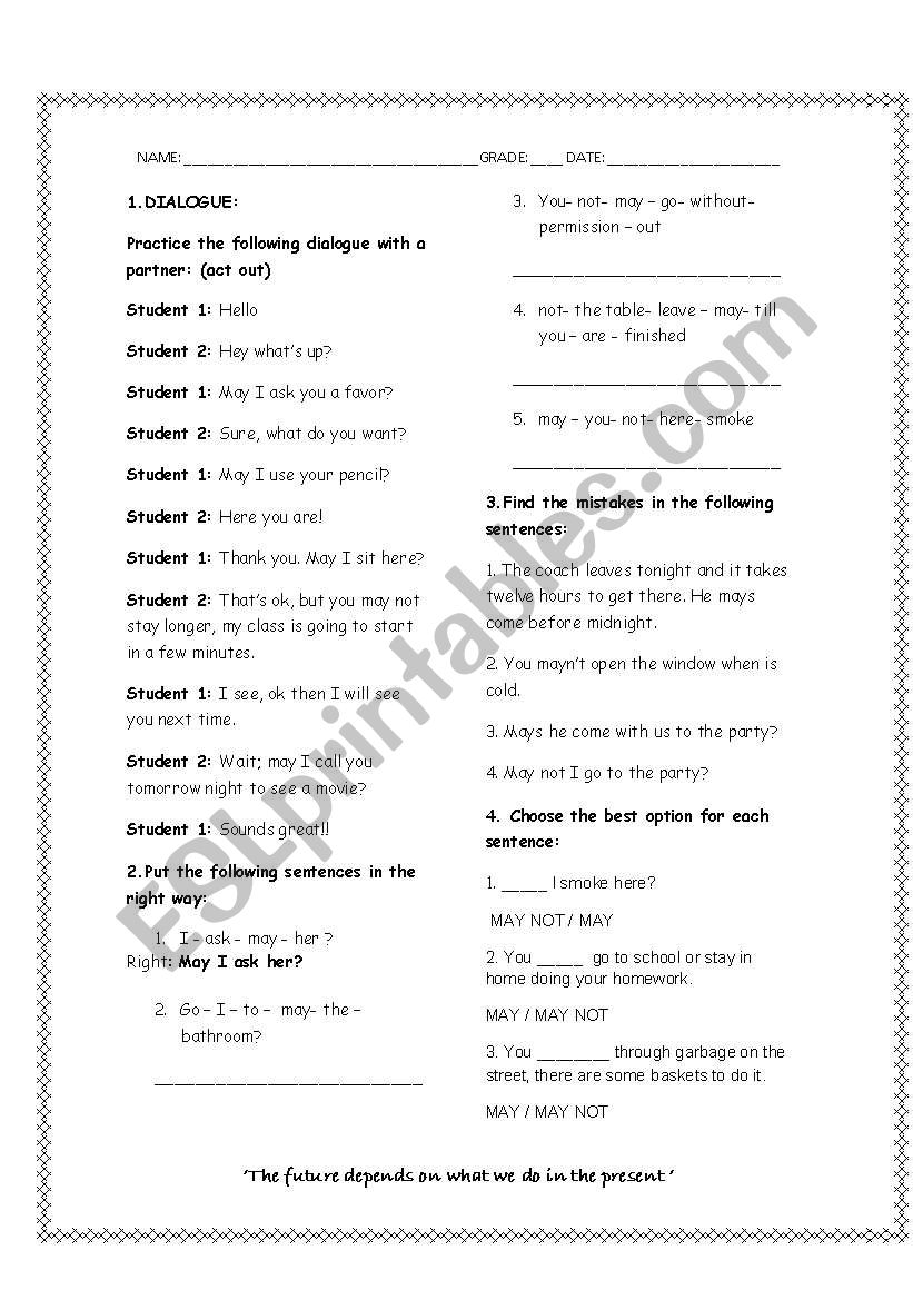 Modal Auxiliary verb MAY worksheet