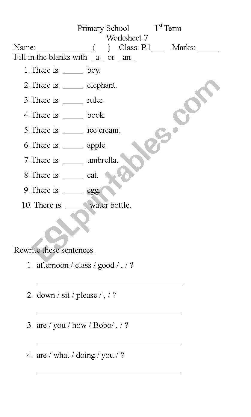 Articles worksheet