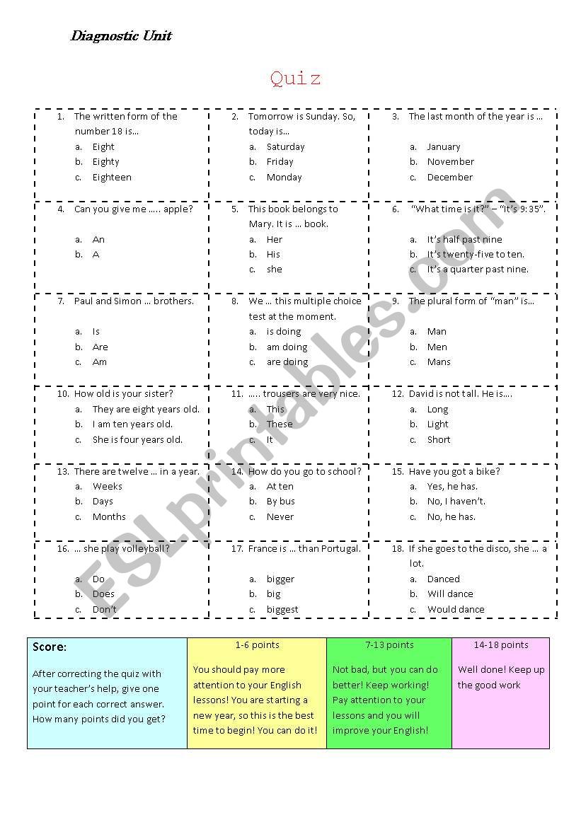 Quizz worksheet