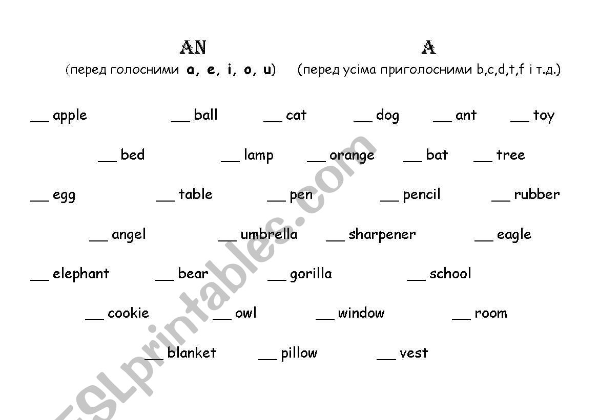 indefinite articles worksheet