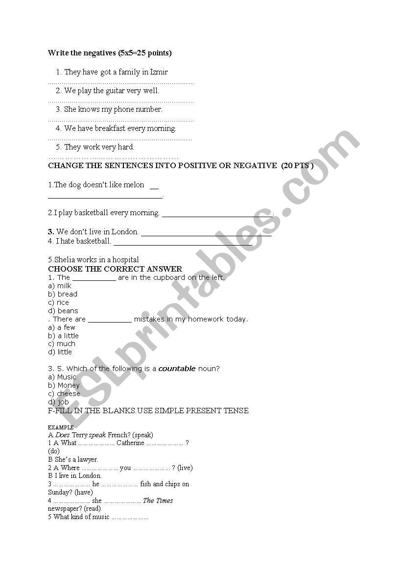 write the negatives worksheet