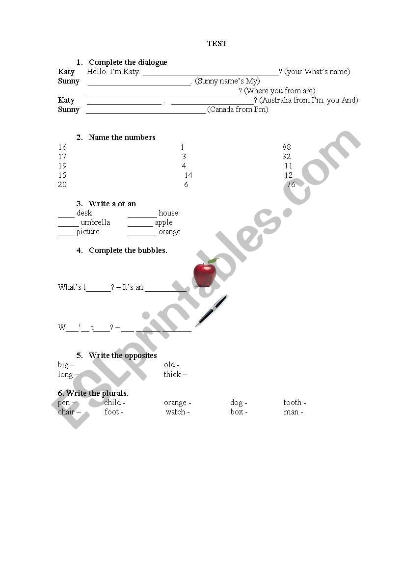 Test for beginners worksheet