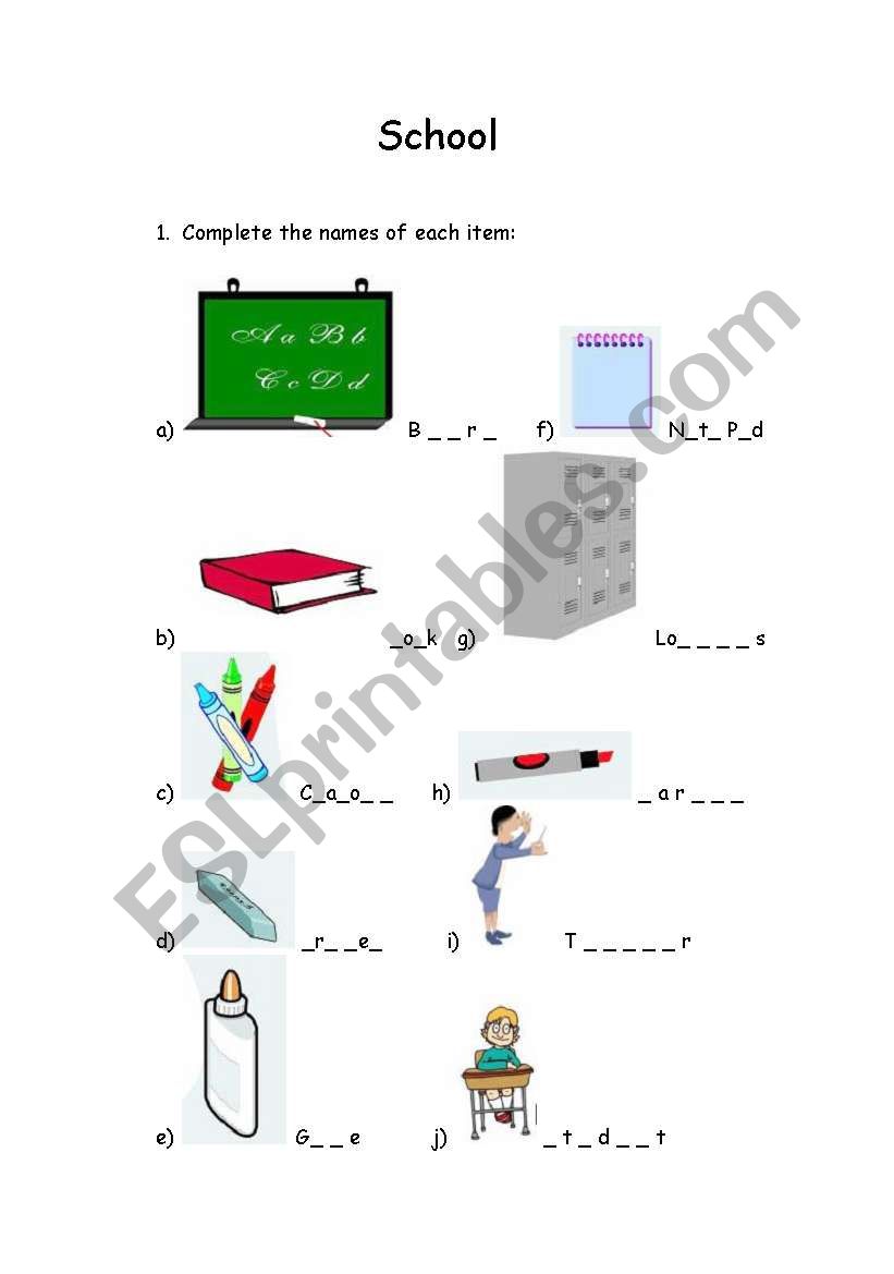 School Items worksheet