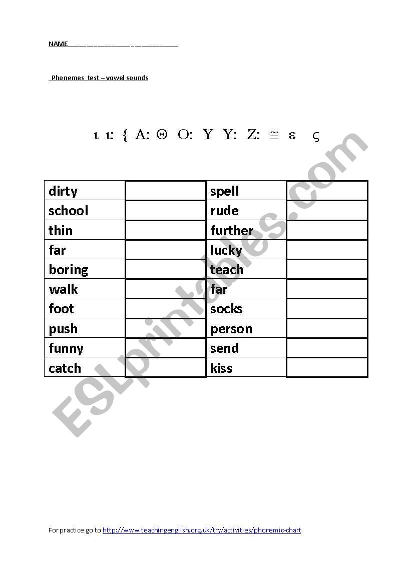 Phonemes test (Vowels) worksheet