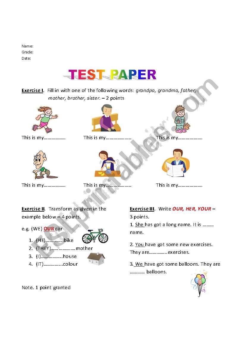 TEST PAPER - POSSESSIVE ADJECTIVES