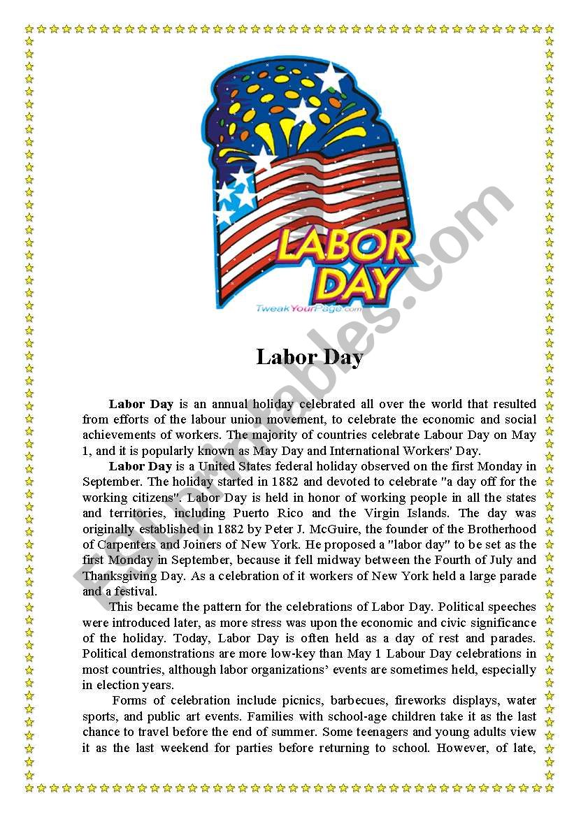 Labor Day ESL Worksheet By Summergirl1