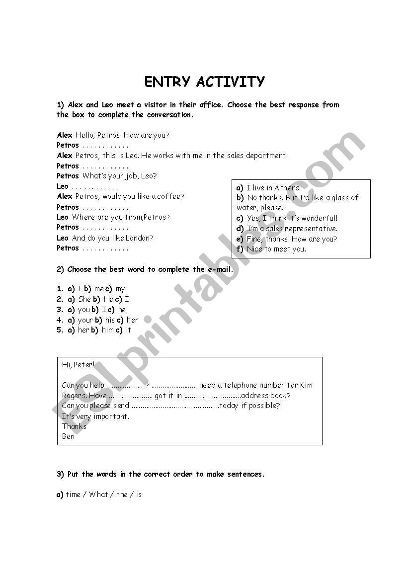 Entry Activity worksheet