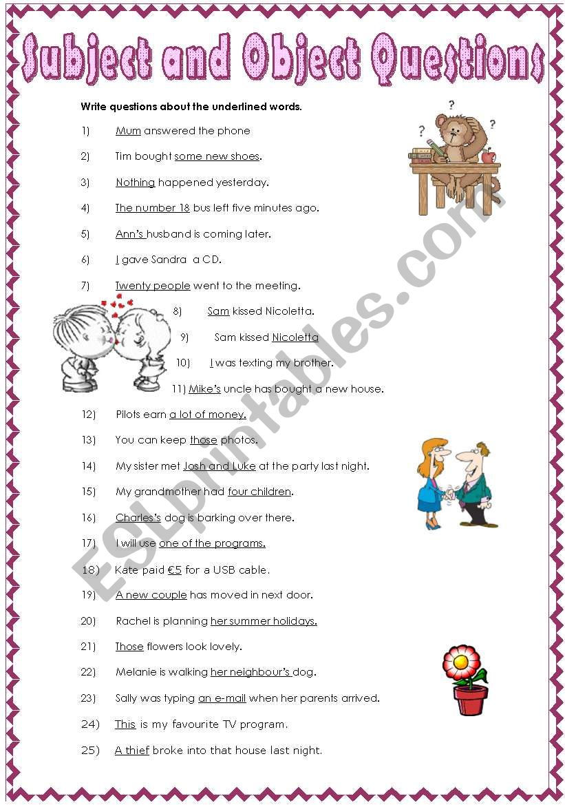 SUBJECT AND OBJECT QUESTIONS ESL Worksheet By Malena1