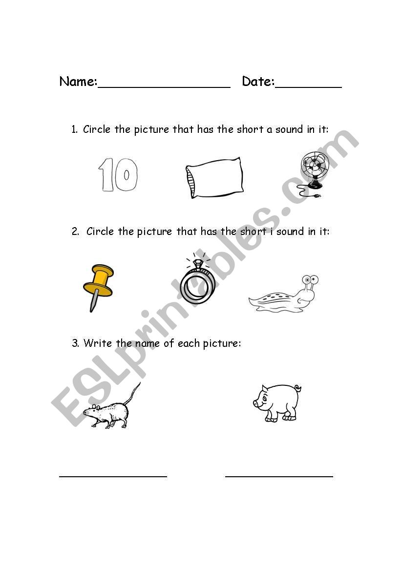 /i/ and /a/ worksheet worksheet