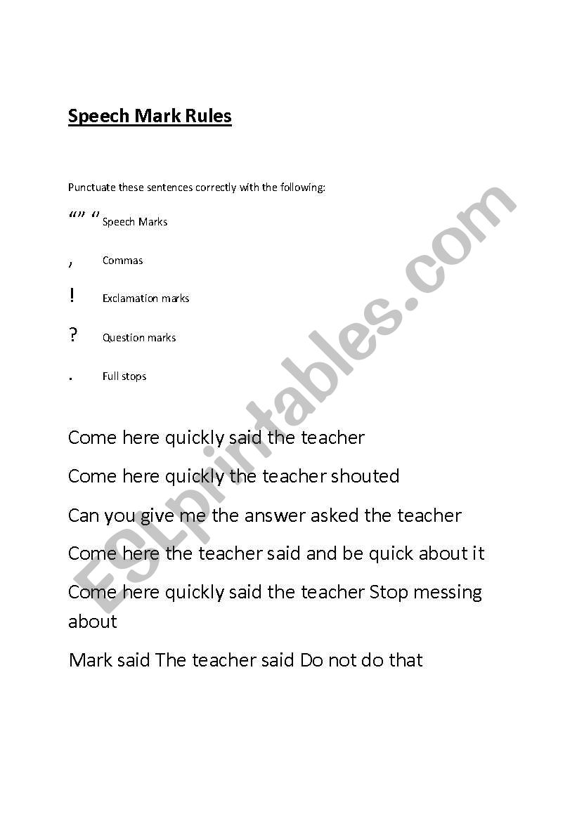 Speech Mark Rules worksheet