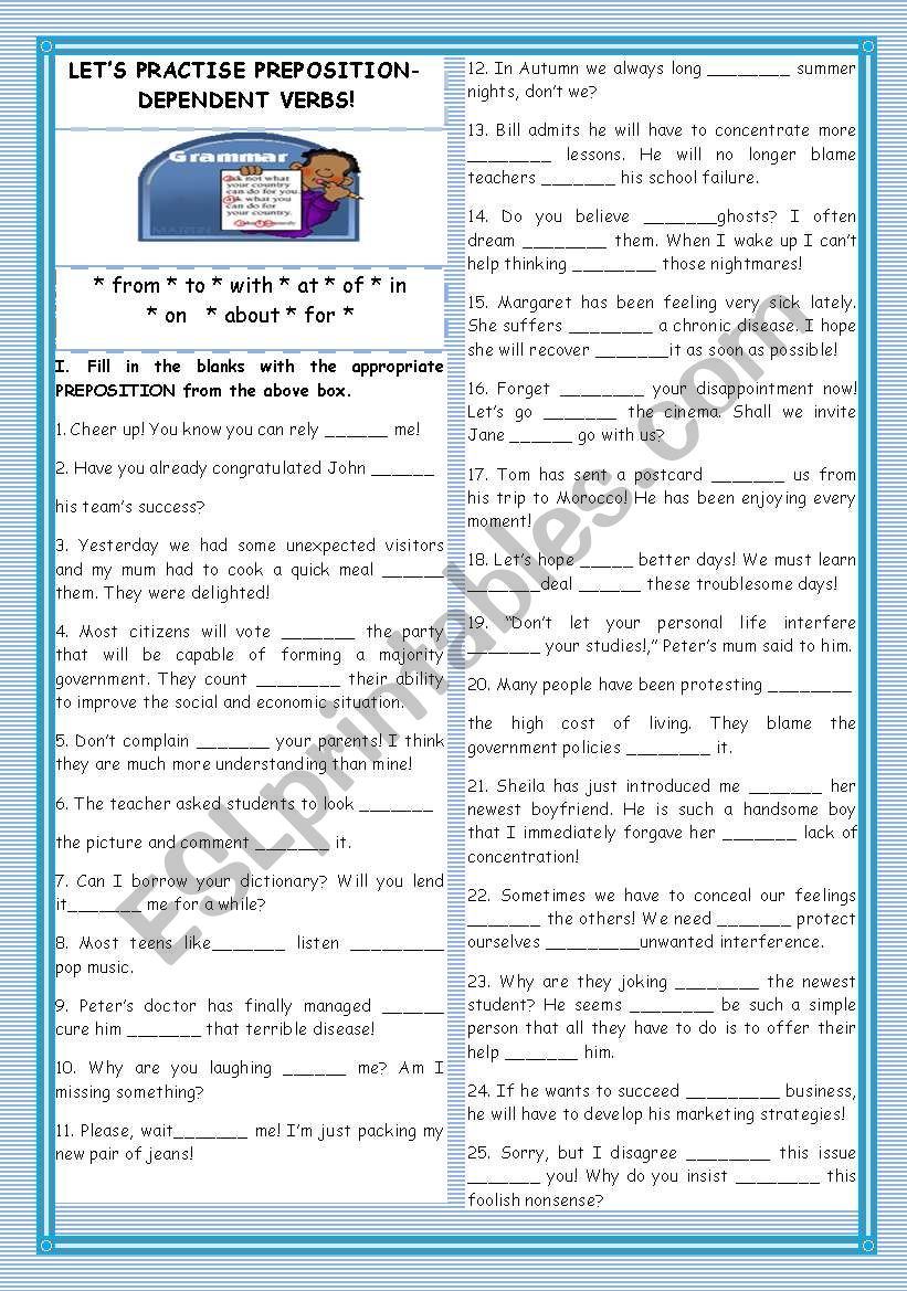 LET´S PRACTISE PREPOSITION-DEPENDENT VERBS! - ESL worksheet by teresapr