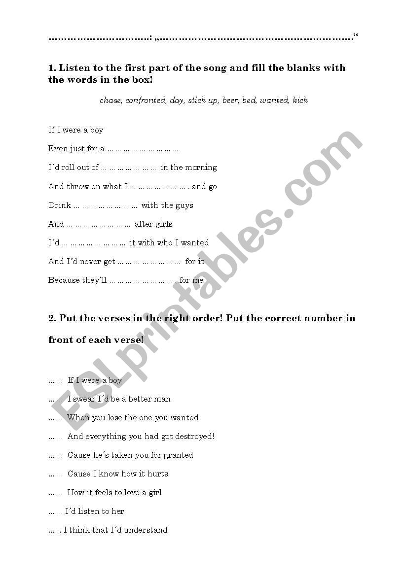 Song Beyonc If I were a boy worksheet