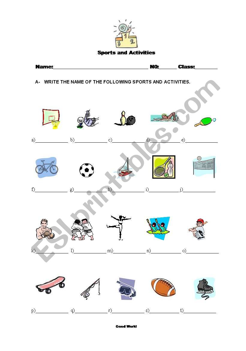 Sports and activities worksheet