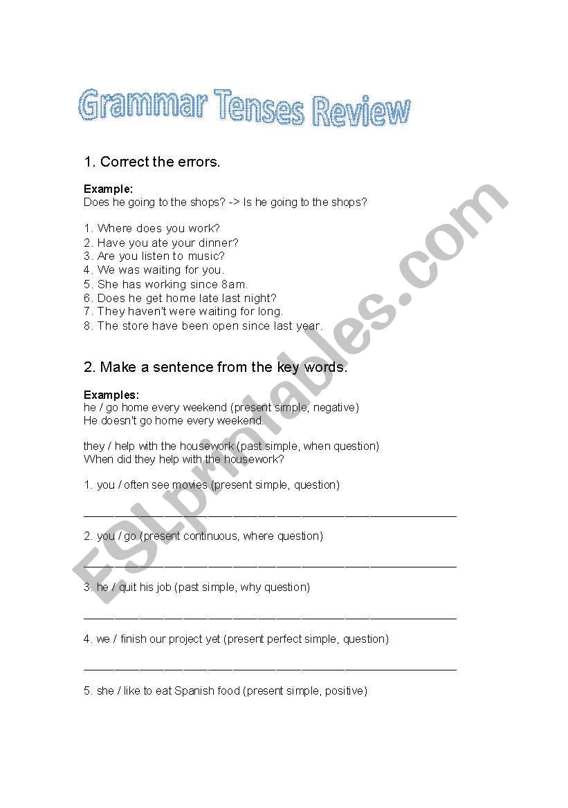 Grammar tenses review worksheet