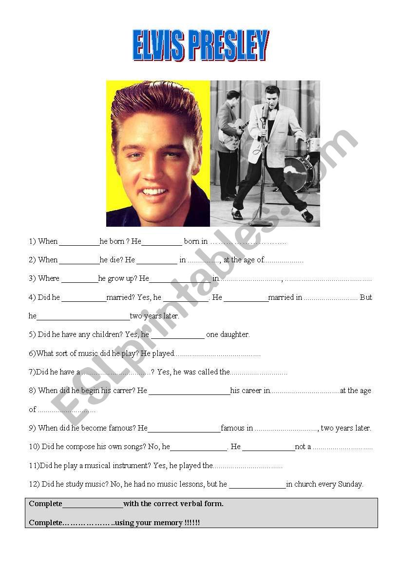 elvis presley biography worksheet