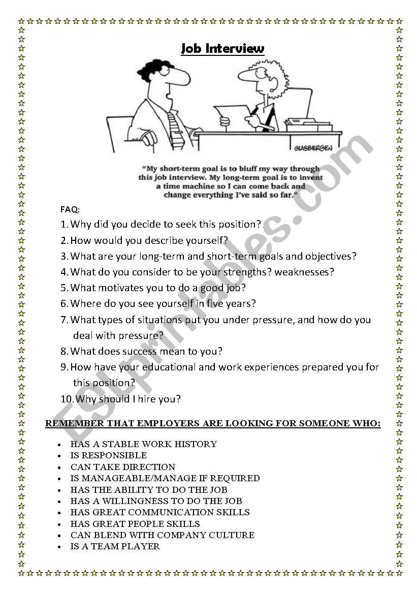 Job Interview Worksheet Printable