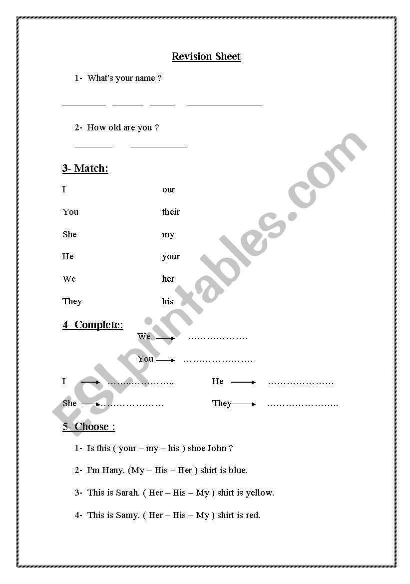 English revision sheet worksheet