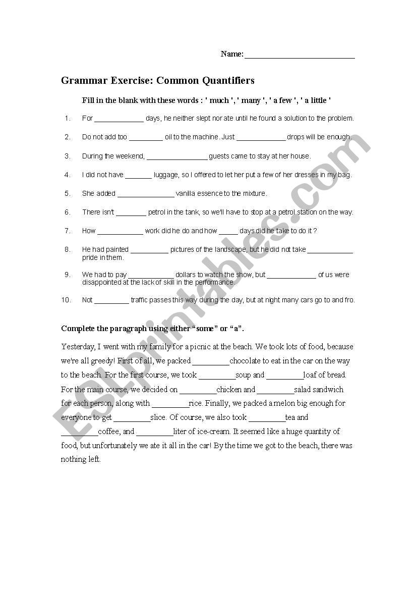 Common Quantifiers Worksheet worksheet