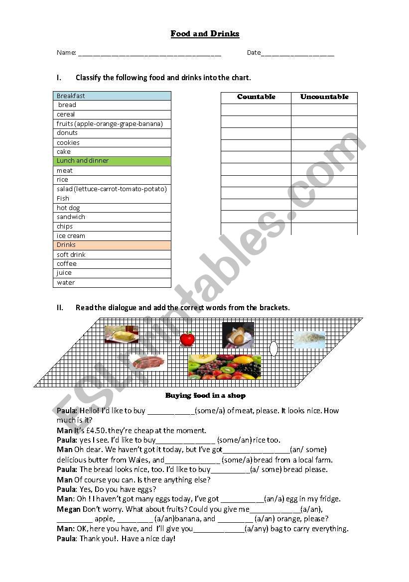 food and drinks worksheet