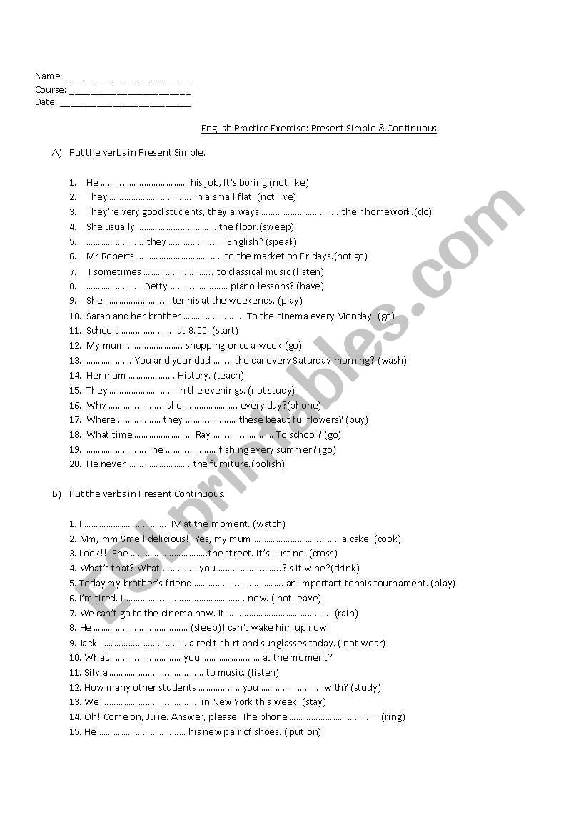 Present Simple and Continuous worksheet