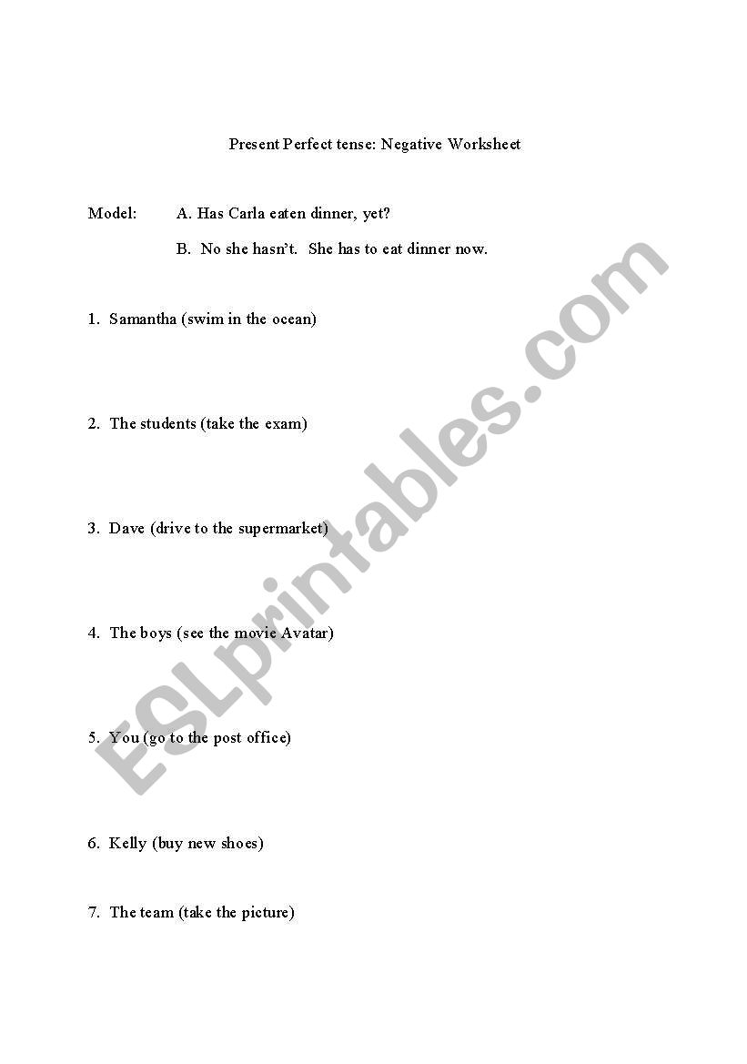 Present Perfect Negative Worksheet 