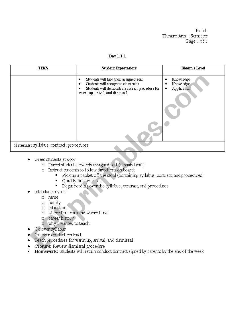 Student Expectations worksheet