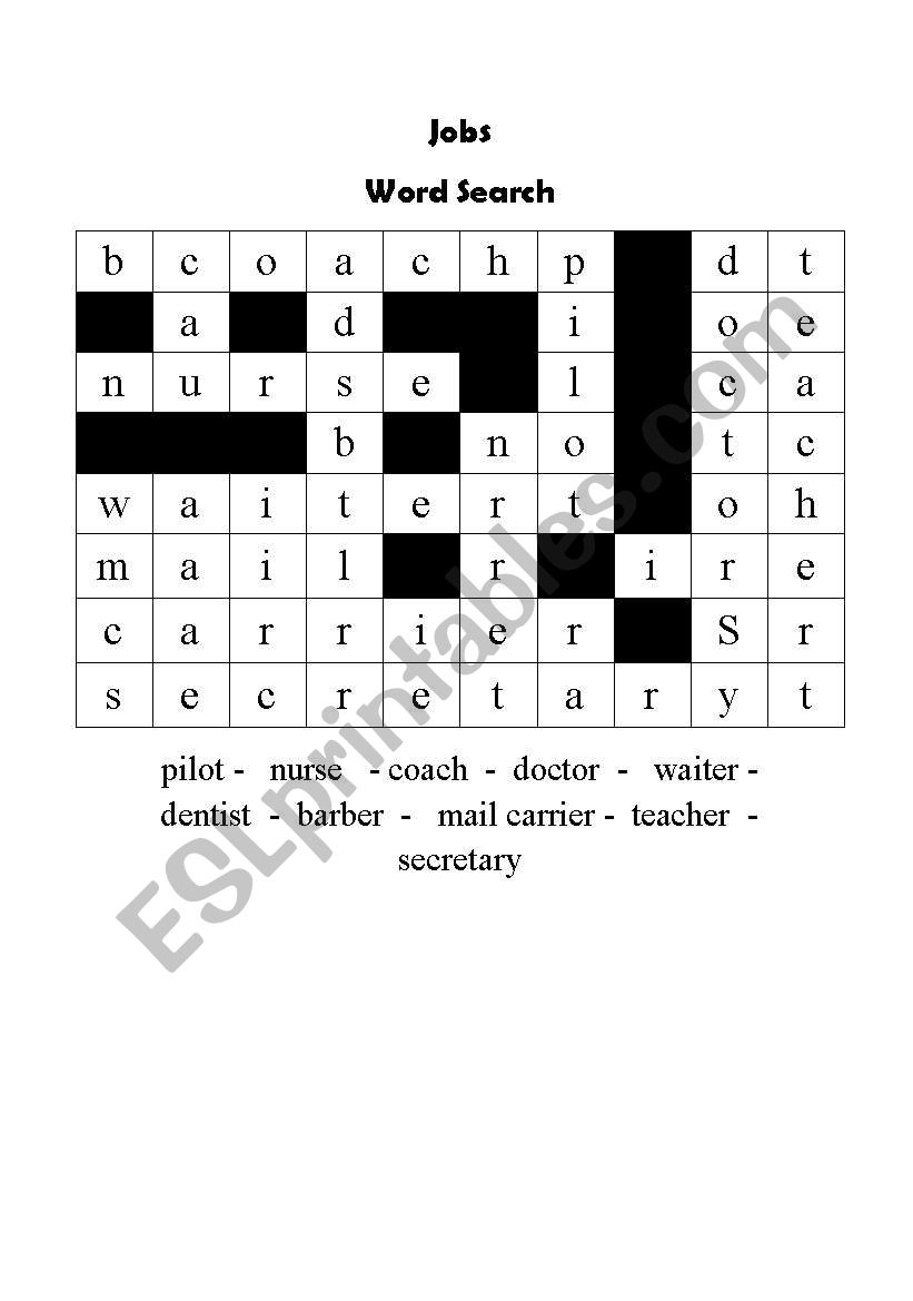 jobs - word earch worksheet