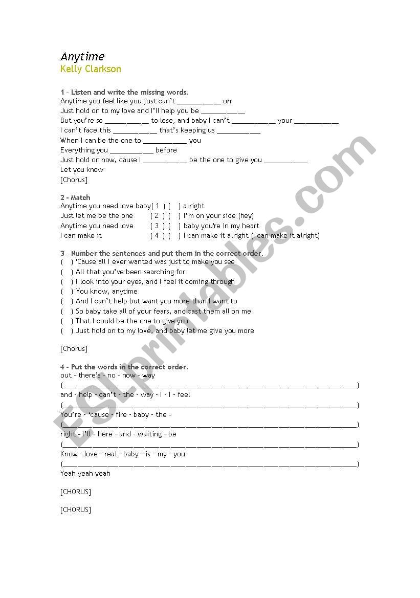 Anytime - Kelly Clarkson worksheet