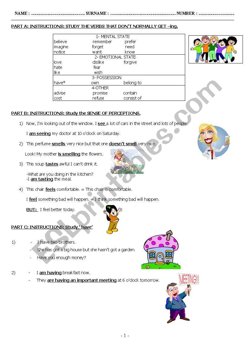 English worksheets: Verbs which don´t get -ing, in class worksheet