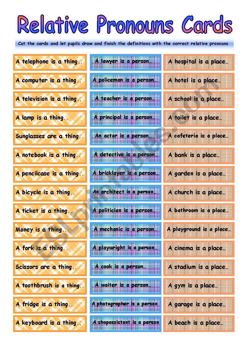 Relative Pronouns Speaking Cards ESL Worksheet By Mish cz