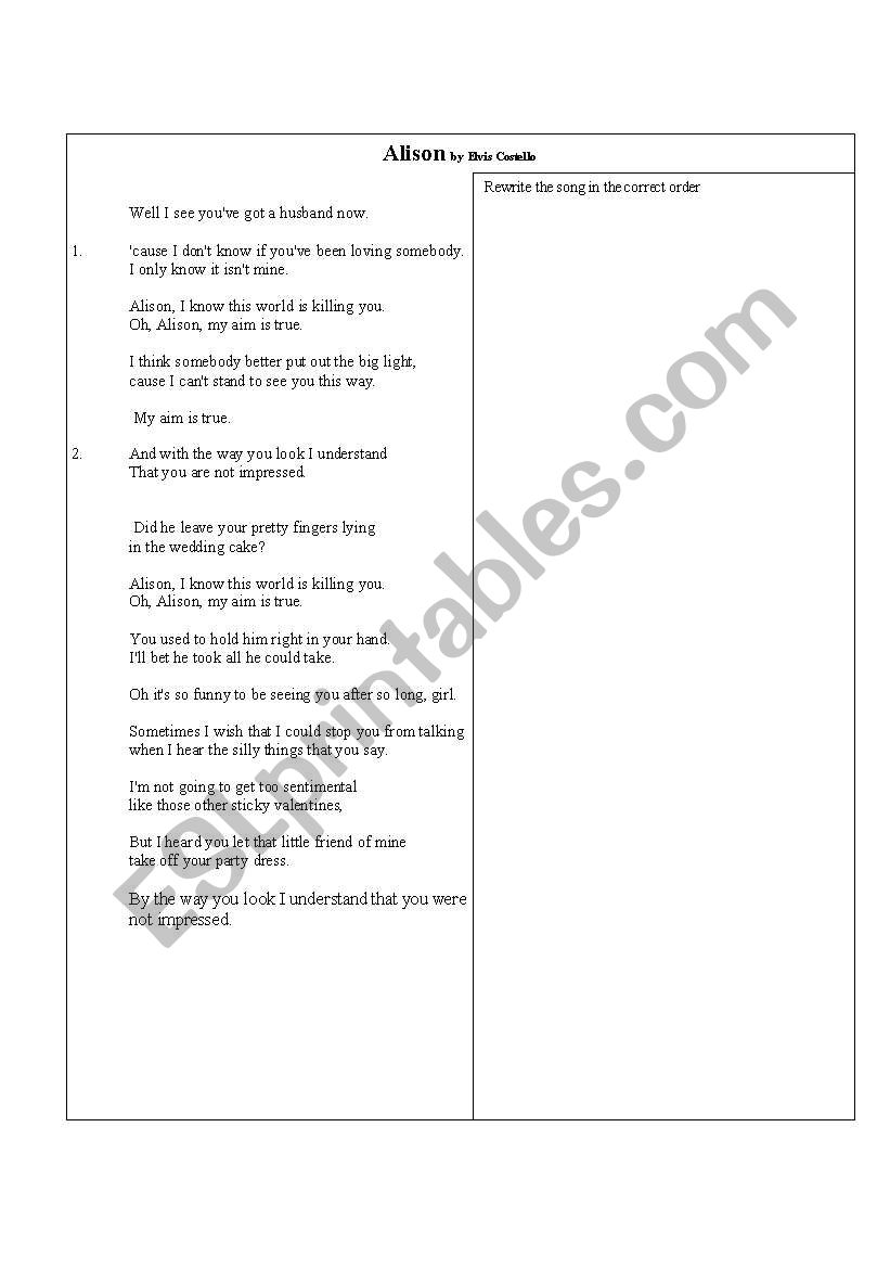Alison by Elvis Costello  worksheet